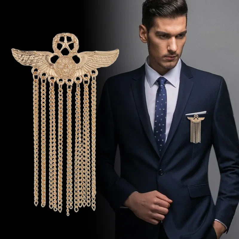 New Metal Five-Star Wing Brooch Medal Tassel Badge Pins and Brooches Luxury Men'S Suit Shirt Collar Clothing Jewelry Accessories